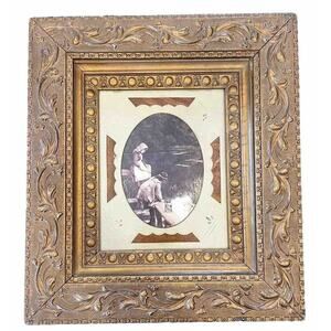 Large Detailed Antique Hand Carved Wooden Gilt Picture Frame With Copper Inlay